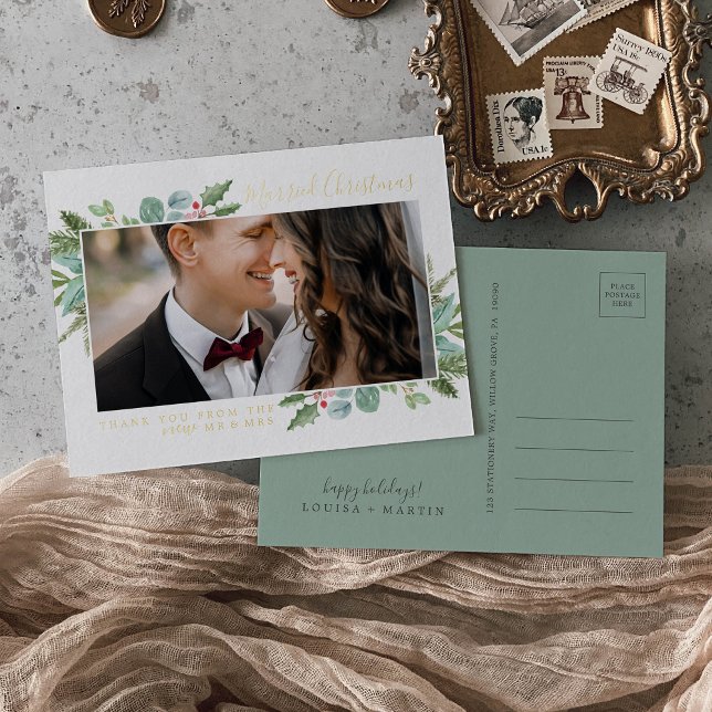 Christmas Greenery Foil Christmas Thank You Holiday Postcard (Creator Uploaded)