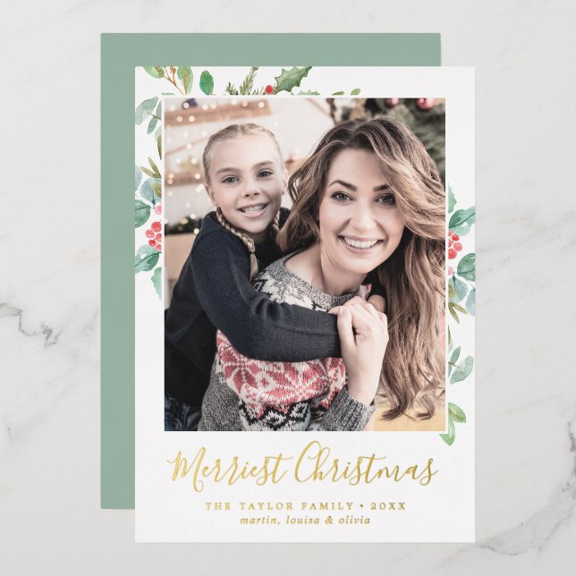 Christmas Greenery Foil Merriest Christmas Photo Foil Holiday Card (Front/Back)