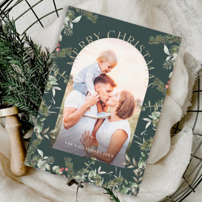Christmas Greenery Foliage Gold Glitter Photo Holiday Card (Christmas greenery arch photo holiday card.)