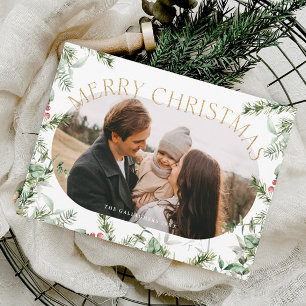 Christmas Greenery Foliage Gold Glitter Photo  Holiday Card