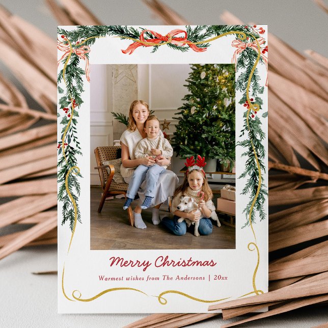 Christmas Greenery Garlands and Bow 1 Photo Holiday Card (Creator Uploaded)
