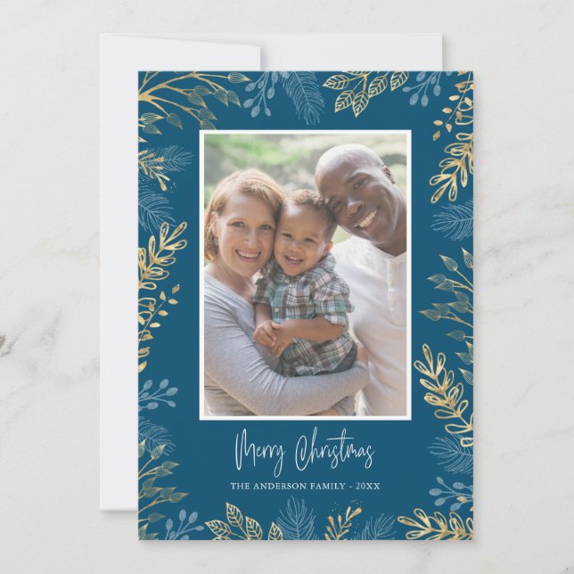 Christmas Greenery Gold and Blue 2 Photo Holiday Card (Front)