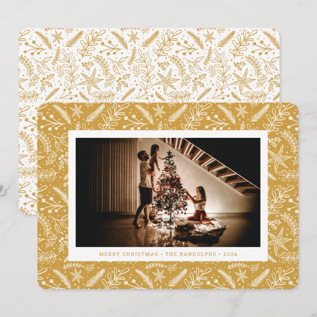 Christmas Greenery (Gold) Horizontal Photo Holiday Card (Front/Back)