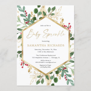 Christmas greenery gold red hollies baby sprinkle invitation