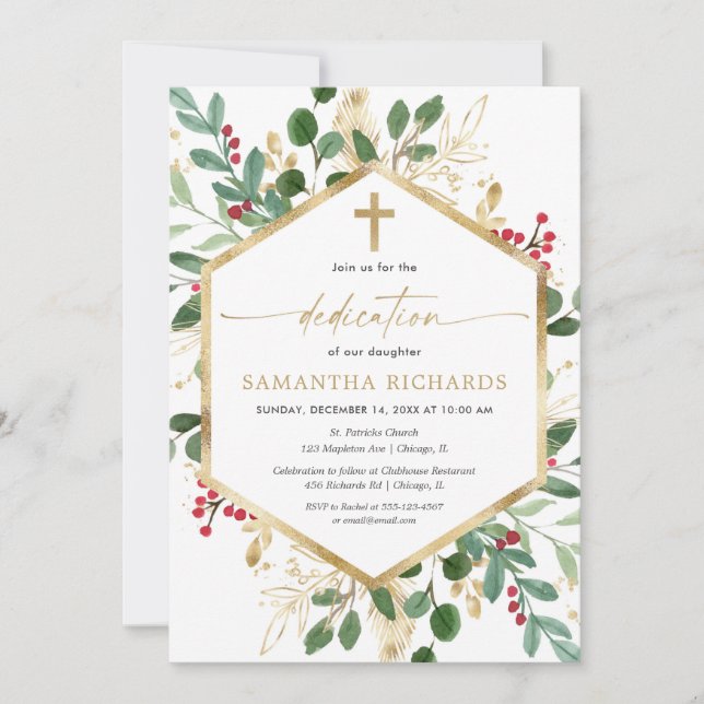 Christmas greenery gold red hollies dedication invitation (Front)