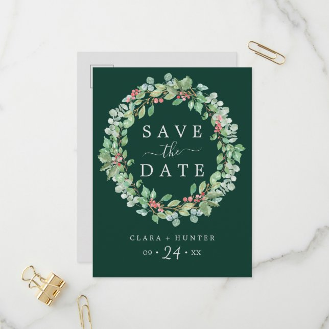 Christmas Greenery | Green Wreath Save the Date Invitation Postcard (Front/Back In Situ)