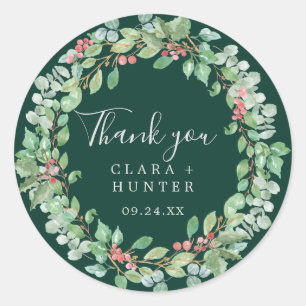 Christmas Greenery Green Wreath Thank You Favour Classic Round Sticker