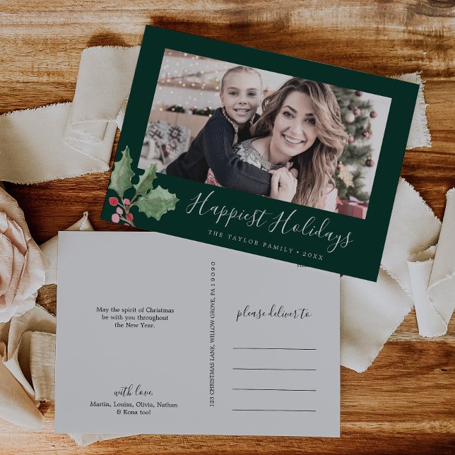 Christmas Greenery Happiest Holidays Family Photo Holiday Postcard (Creator Uploaded)