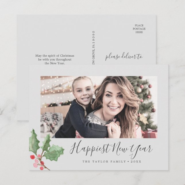 Christmas Greenery Happiest New Year Family Photo Holiday Postcard (Front/Back)
