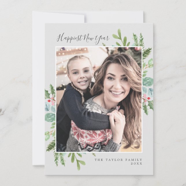 Christmas Greenery Happiest New Year Newsletter Holiday Card (Front)