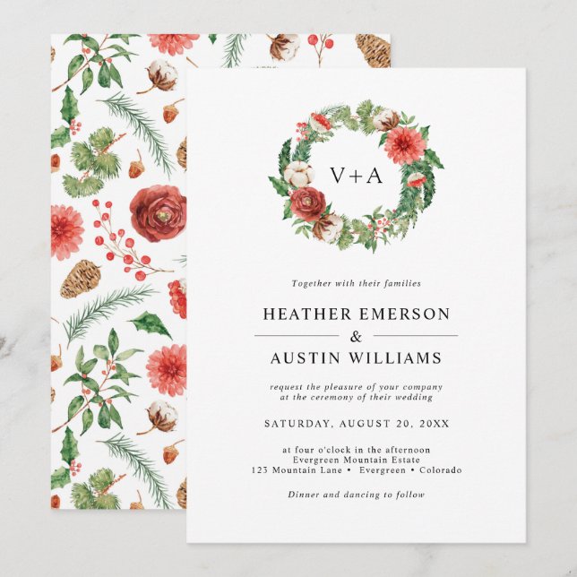 Christmas Greenery Holiday Wedding Invitation (Front/Back)