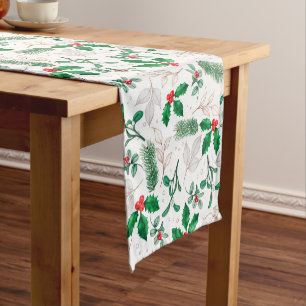 Christmas Greenery Holly Berries Botanical Short Table Runner