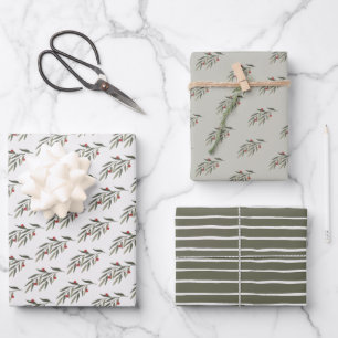 Christmas Greenery Leaves & Berries Wrapping Paper Sheet