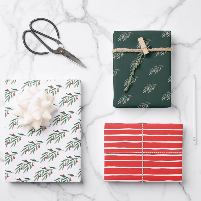 Christmas Greenery Leaves & Berries Wrapping Paper Sheet (Front)