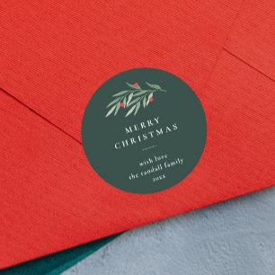 Christmas Greenery Leaves Minimal Typography Green Classic Round Sticker