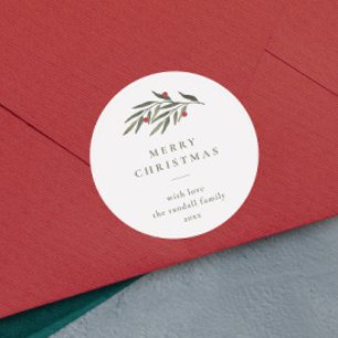 Christmas Greenery Leaves Minimal Typography White Classic Round Sticker