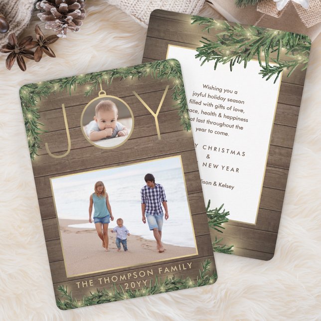 Christmas Greenery & Lights 2 Photo Joy Ornament Holiday Card (Creator Uploaded)