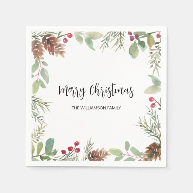 Christmas Greenery Merry Christmas Family Napkin (Front)