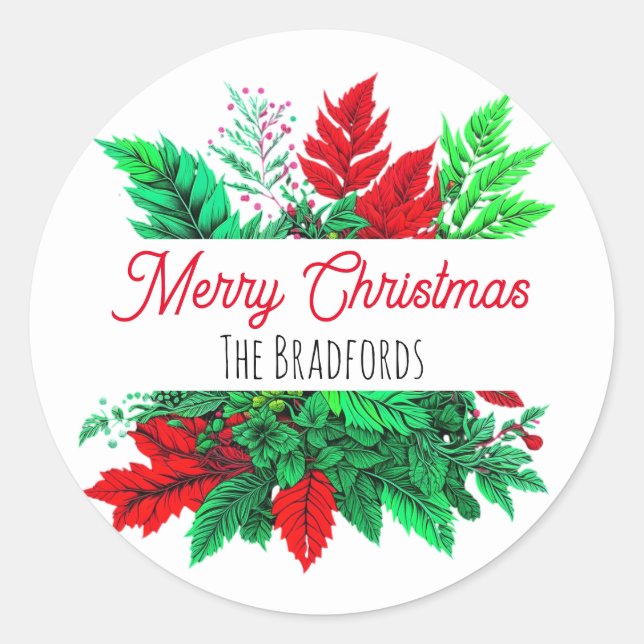 Christmas Greenery | Merry Christmas Personalised Classic Round Sticker (Front)
