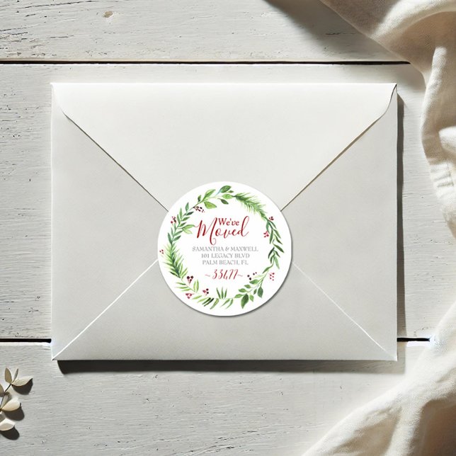 Christmas Greenery Moving Announcement Classic Round Sticker (Christmas return address envelope seal watercolor red berries & greenery art Victoria Grigaliunas)