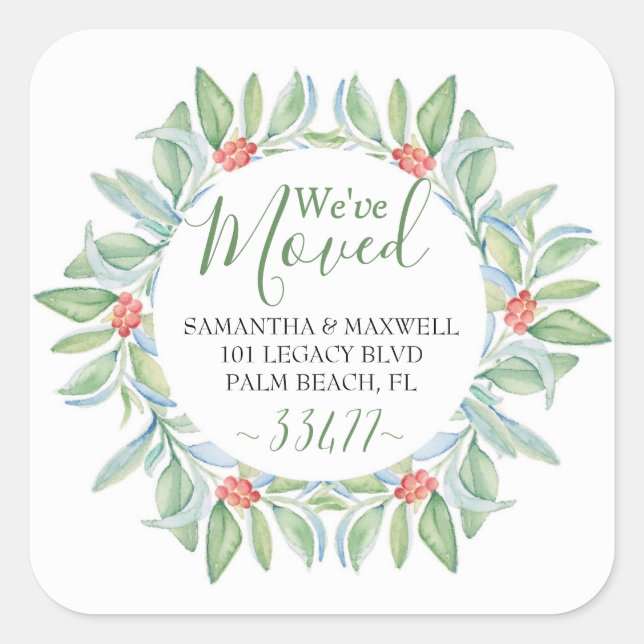 Christmas Greenery Moving Announcement Square Sticker (Front)