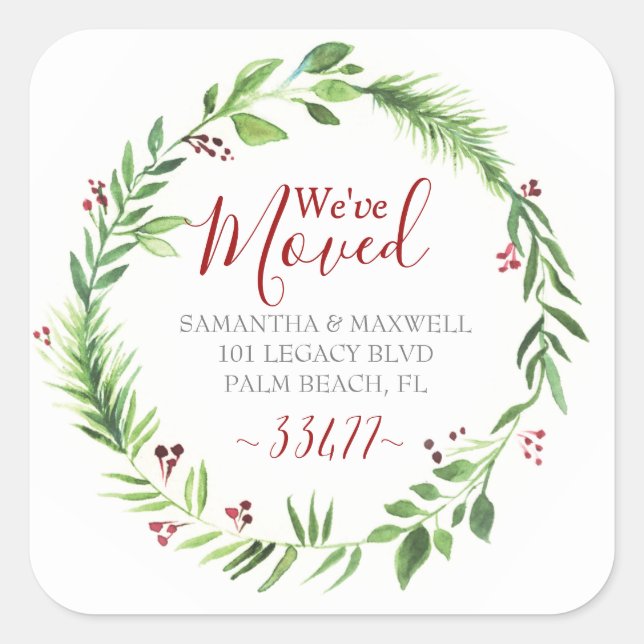 Christmas Greenery Moving Announcement Square Sticker (Front)