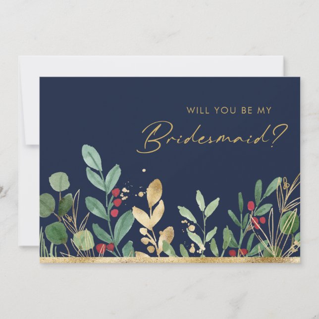 Christmas Greenery | Navy Bridesmaid Proposal Invitation (Front)