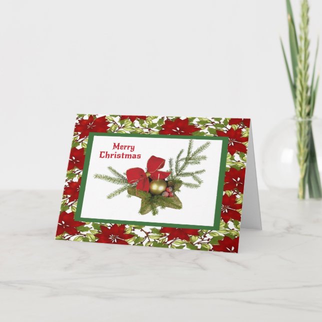 Christmas Greenery on Poinsettia Background Holiday Card (Front)