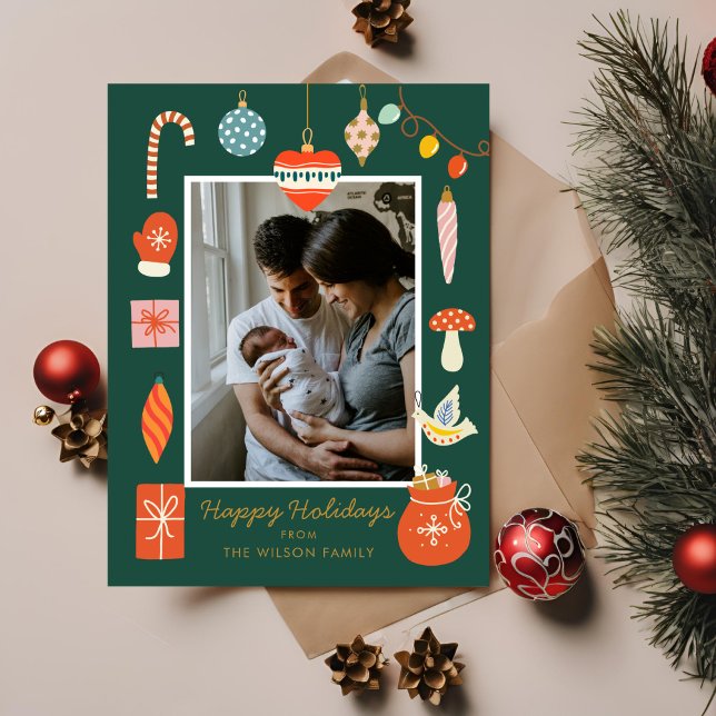 Christmas Greenery Ornament Cute Family Photo Holiday Postcard (Creator Uploaded)