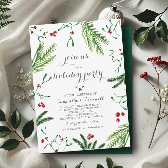 Christmas Greenery Party Invitation (Holiday party invitations red and green botanicals)