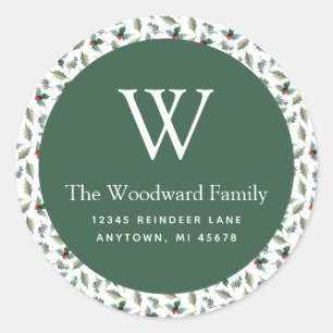 Christmas Greenery Pattern Address Classic Round Sticker