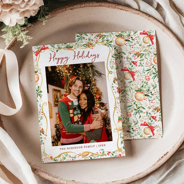 Christmas Greenery Pattern Happy Holidays 1 Photo Holiday Card (Creator Uploaded)