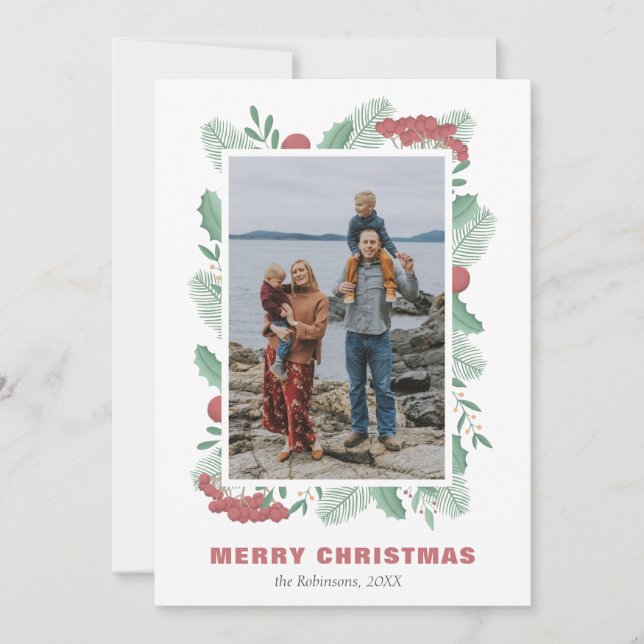 Christmas Greenery Photo Custom family name Holiday Card (Front)