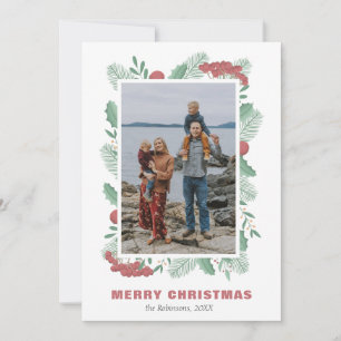 Christmas Greenery Photo Custom family name Holiday Card