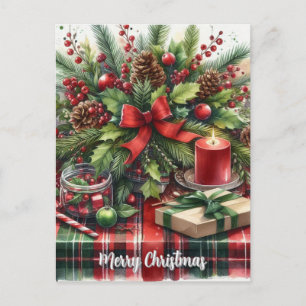 Christmas Greenery Pinecones and Red  Bow  Holiday Postcard