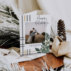 Christmas Greenery & Plaid Photo Holiday Card
