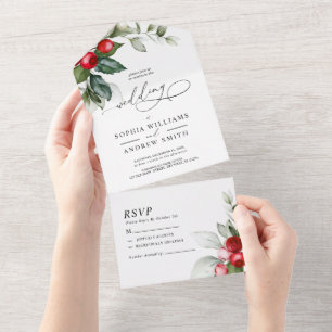 Christmas Greenery & Red Berries  All In One Invitation