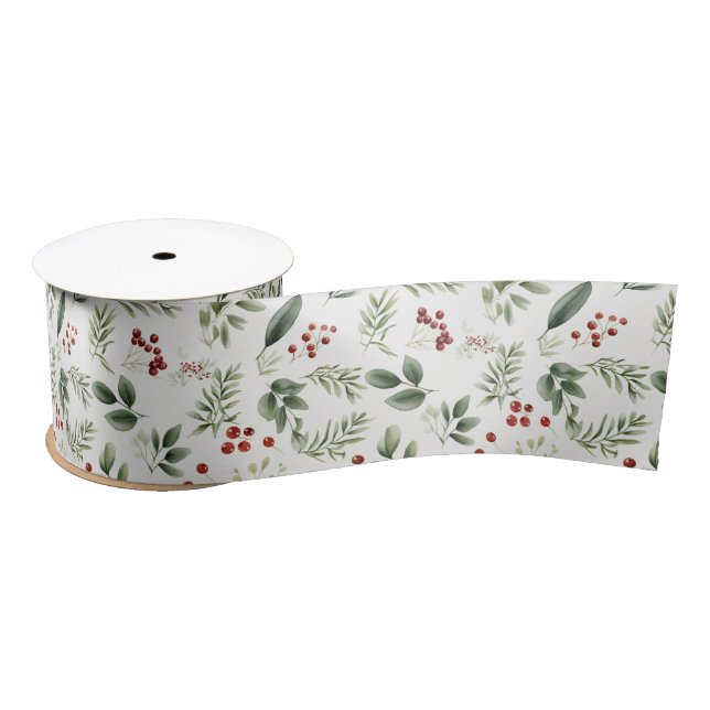 Christmas Greenery & Red Berries Botanical Holiday Satin Ribbon (Spool)