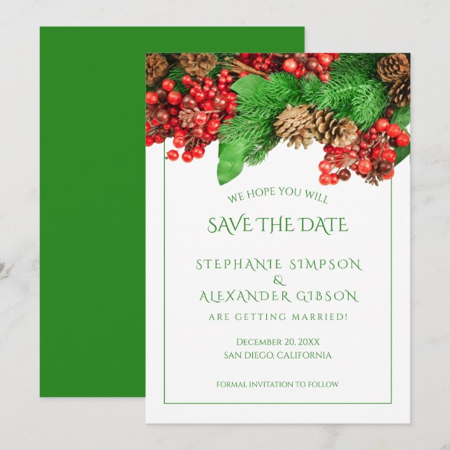 Christmas Greenery Red Berries Holiday Wedding Save The Date (Front/Back)