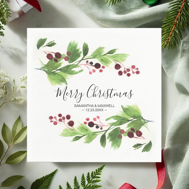 Christmas Greenery Red Berries Paper Napkin (Christmas napkins watercolor botanicals and red berries art by Victoria Grigaliunas VG Invites)
