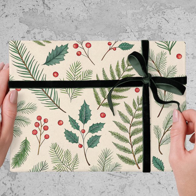 Christmas Greenery Red Berries Pine Tree Holiday  Wrapping Paper (Creator Uploaded)