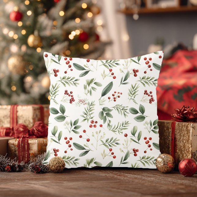 Christmas Greenery & Red Berries Watercolor Cushion (Christmas Greenery & Red Berries Watercolor Throw Pillow)
