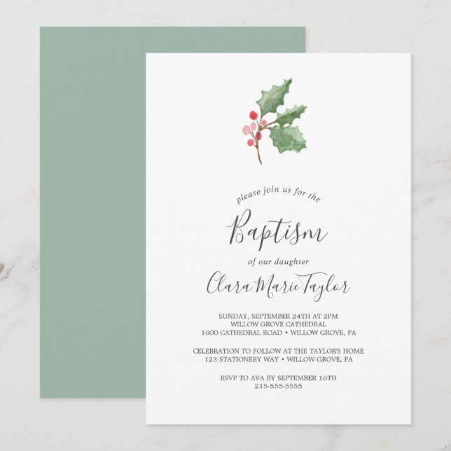 Christmas Greenery & Red Berry Baptism Invitation (Front/Back)