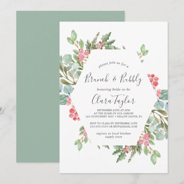 Christmas Greenery & Red Berry Brunch and Bubbly Invitation (Front/Back)