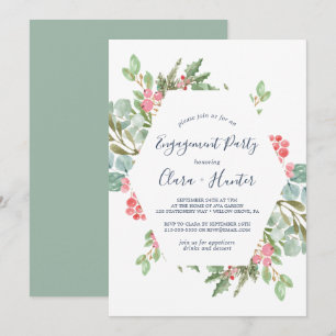 Christmas Greenery & Red Berry Engagement Party Invitation