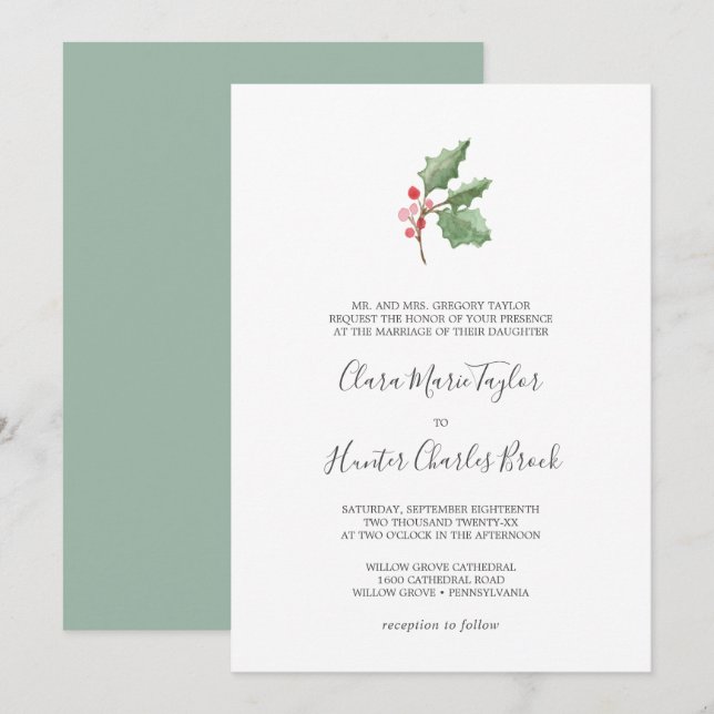 Christmas Greenery & Red Berry Formal Wedding Invitation (Front/Back)