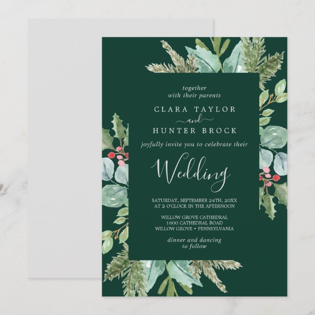 Christmas Greenery & Red Berry | Green Wedding Invitation (Front/Back)