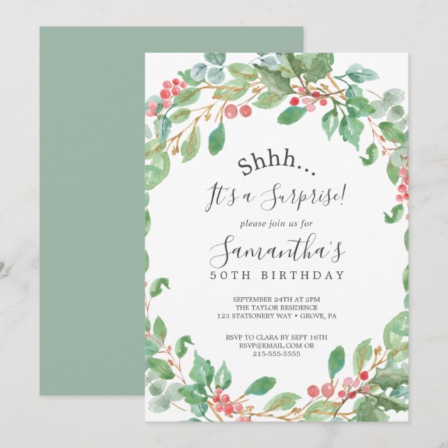 Christmas Greenery & Red Berry Surprise Party Invitation (Front/Back)