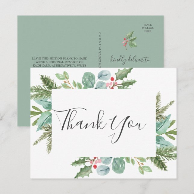 Christmas Greenery & Red Berry Thank You Postcard (Front/Back)