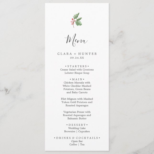 Christmas Greenery & Red Berry Wedding Dinner Menu (Front)